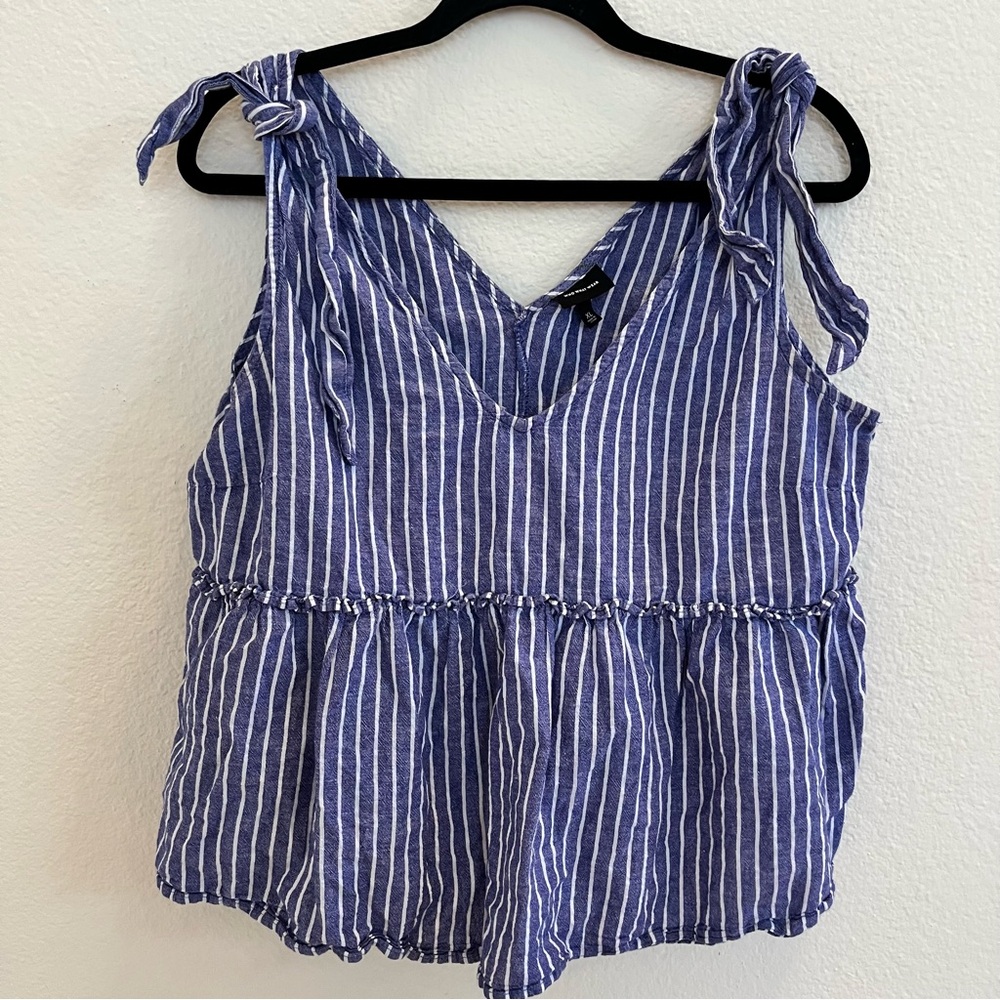 Blue White Striped Tie Strap Top Coastal Clean Girl Summer Linen Aesthetic Flowy